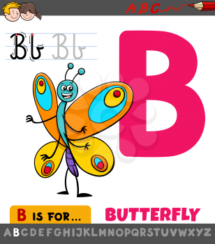 Educational Cartoon Illustration of Letter B from Alphabet with Butterfly for Children 