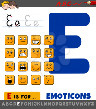 Educational Cartoon Illustration of Letter E from Alphabet with Emoticons for Children 