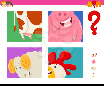Cartoon Illustration of Educational Game of Guessing Farm Animals Species for Kids