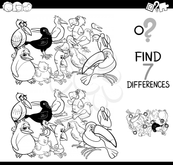 Black and White Cartoon Illustration of Finding Seven Differences Between Pictures Educational Activity Game for Kids with Birds Animal Characters Group Coloring Book