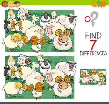 Cartoon Illustration of Finding Seven Differences Between Pictures Educational Activity Game for Kids with Sheep Farm Animal Characters Group