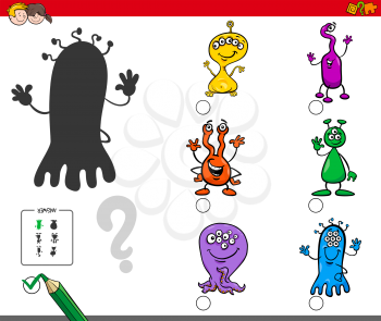 Cartoon Illustration of Finding the Shadow without Differences Educational Activity for Children with Alien Characters