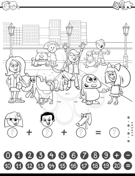 Black and White Cartoon Illustration of Educational Mathematical Counting and Addition Activity Task for Children with Kids and Dogs Characters Coloring Book