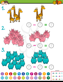 Cartoon Illustration of Educational Mathematical Subtraction Puzzle Task for Children with Animal Characters