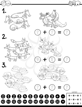 Black and White Cartoon Illustration of Educational Mathematical Subtraction Puzzle Task for Kids with Animal Characters Coloring Book