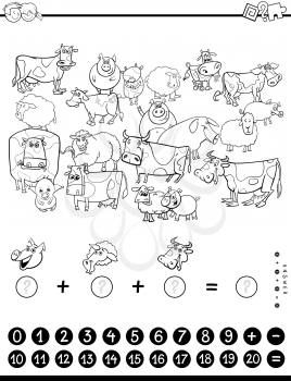 Black and White Cartoon Illustration of Educational Mathematical Counting and Addition Game for Children with Farm Animal Characters Coloring Book