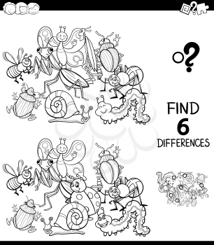 Black and White Cartoon Illustration of Finding Six Differences Between Pictures Educational Game for Children with Insects Animal Characters Coloring Book