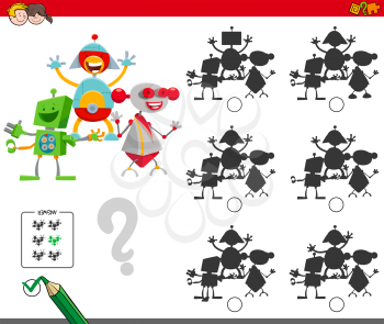 Cartoon Illustration of Finding the Shadow without Differences Educational Game for Children with Robots Characters