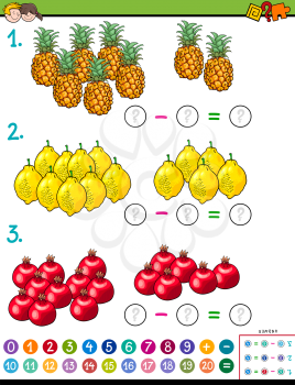 Cartoon Illustration of Educational Mathematical Subtraction Puzzle Game for Children with Fruits