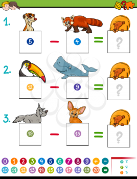 Cartoon Illustration of Educational Mathematical Subtraction Puzzle Game for Preschool and Elementary Age Children with Funny Animal Characters
