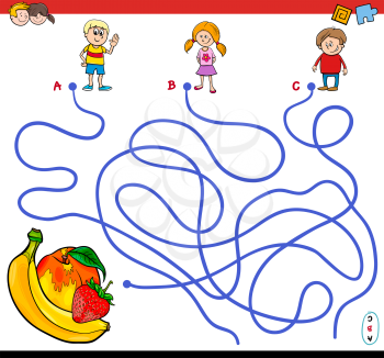 Cartoon Illustration of Paths or Maze Puzzle Activity Game with Children Characters and Juicy Fruits