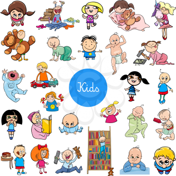 Cartoon Illustration of Children and Babies Characters Large Set