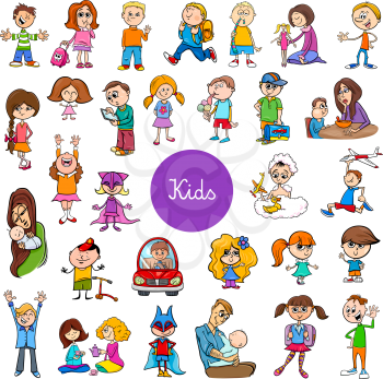 Cartoon Illustration of Children and Teens Characters Large Set