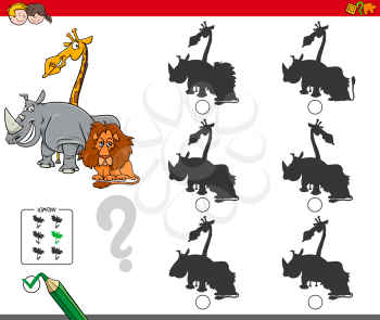 Cartoon Illustration of Finding the Shadow without Differences Educational Activity for Children with Funny Wild Animal Characters