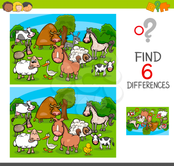 Cartoon Illustration of Find and Spot Six Differences Between Pictures Educational Activity Game for Kids with Farm Animal Characters Group