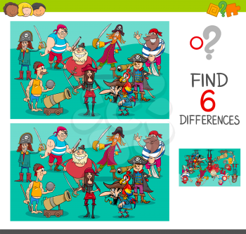 Cartoon Illustration of Find and Spot Six Differences Between Pictures Educational Activity Game for Kids with Pirates Fantasy Characters Group