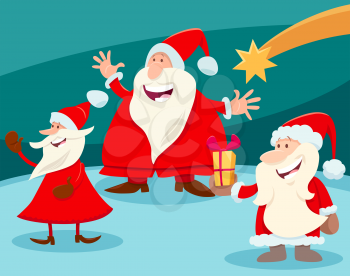 Cartoon Illustration of Christmas Design or Greeting Card with Santa Claus Characters and Star