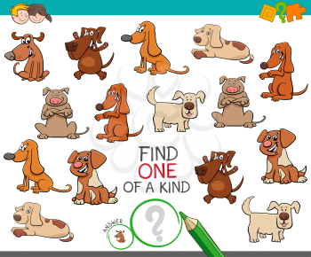 Cartoon Illustration of Find One of a Kind Picture Educational Activity Game for Children with Dogs Animal Characters