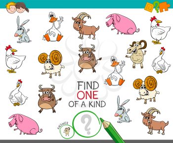 Cartoon Illustration of Find One of a Kind Picture Educational Activity Game for Children with Farm Animal Characters