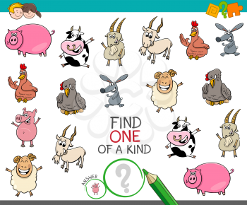 Cartoon Illustration of Find One of a Kind Picture Educational Activity Game for Children with Comic Farm Animal Characters
