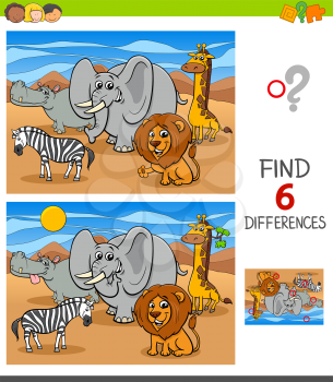 Cartoon Illustration of Finding Six Differences Between Pictures Educational Game for Children with Safari Wild Animal Comic Characters