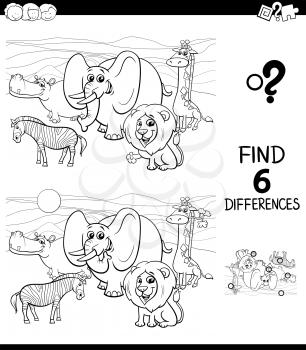 Black and White Cartoon Illustration of Finding Six Differences Between Pictures Educational Game for Children with Safari Wild Animal Comic Characters Coloring Book