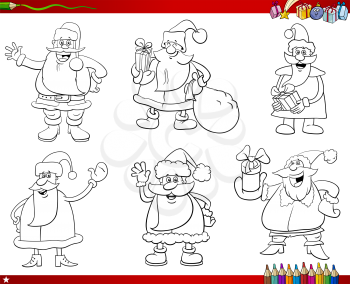 Cartoon Illustration of Black and White Collection with Santa Claus Christmas Characters Coloring Book Page