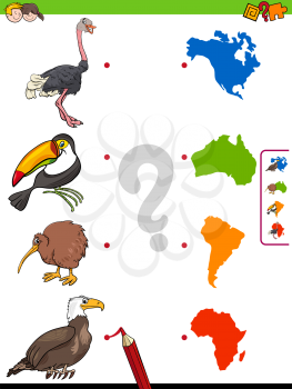 Cartoon Illustration of Educational Pictures Matching Game for Children with Animal Characters and Continents Shapes