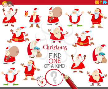 Cartoon Illustration of Find One of a Kind Picture Educational Activity Task for Children with Santa Claus Christmas Characters