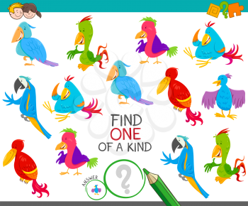 Cartoon Illustration of Find One of a Kind Picture Educational Activity Game with Colorful Birds Animal Characters