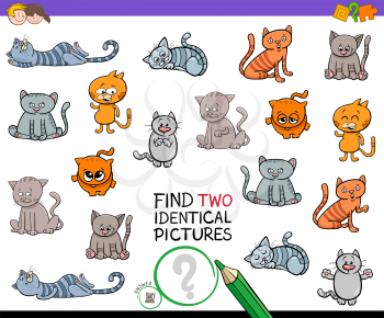 Cartoon Illustration of Finding Two Identical Pictures Educational Game for Children with Cats and Kitten Animal Characters