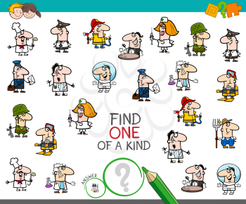 Cartoon Illustration of Find One of a Kind Picture Educational Activity Game for Children with Professional People Characters