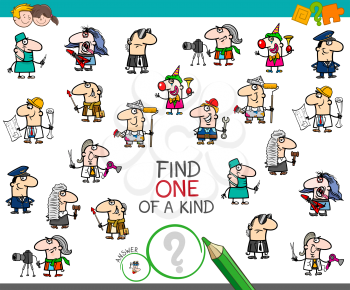 Cartoon Illustration of Find One of a Kind Picture Educational Activity Game for Children with Professionals Characters