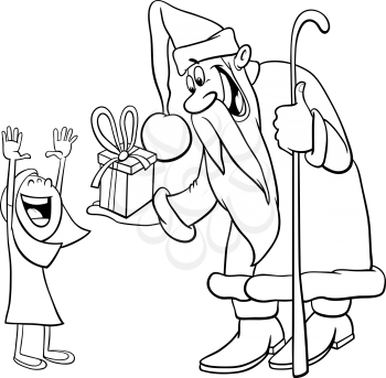 Black and White Cartoon Illustration of Santa Claus Christmas Character with Happy Little Girl Coloring Book
