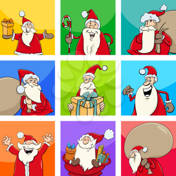 Cartoon Illustration of Christmas Design or Greeting Cards with Santa Claus Characters Set