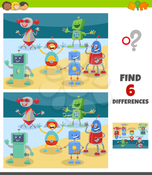 Cartoon Illustration of Finding Differences Between Pictures Educational Game for Children with Happy Robots Fantasy Characters