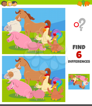 Cartoon Illustration of Finding Differences Between Pictures Educational Game for Children with Funny Farm Animal Characters Group