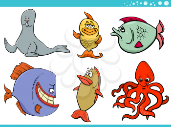 Cartoon Illustration of Sea Life or Marine Animal Characters Set