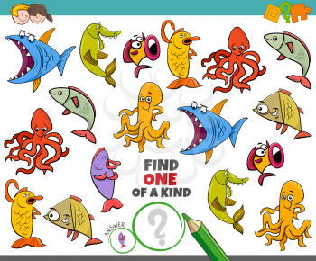 Cartoon Illustration of Find One of a Kind Picture Educational Game with Funny Sea Life Marine Animal Characters
