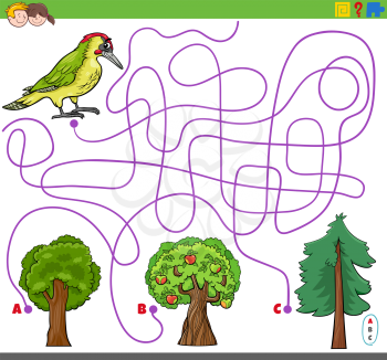 Cartoon Illustration of Lines Maze Puzzle Activity Game with Woodpecker Bird Animal Character and Trees