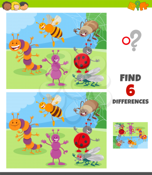 Cartoon Illustration of Finding Differences Between Pictures Educational Game for Children with Happy Insects Animal Characters