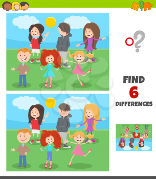 Cartoon Illustration of Finding Differences Between Pictures Educational Game for Children with Kids and Teen Characters