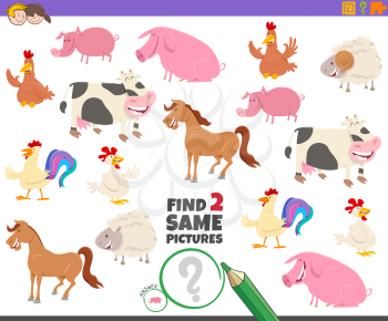 Cartoon Illustration of Finding Two Same Pictures Educational Activity Game for Children with Cute Farm Animal Characters