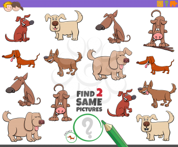 Cartoon Illustration of Finding Two Same Pictures Educational Activity Game for Children with Dogs Pet Animal Characters