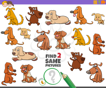 Cartoon Illustration of Finding Two Same Pictures Educational Activity Game for Children with Dogs Animal Characters