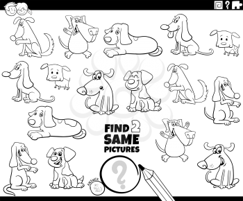 Black and White Cartoon Illustration of Finding Two Same Pictures Educational Activity Game for Children with Dogs Animal Characters Coloring Book Page