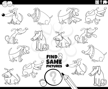 Black and White Cartoon Illustration of Finding Two Same Pictures Educational Activity Game for Children with Funny Dogs Pet Animal Characters Coloring Book Page