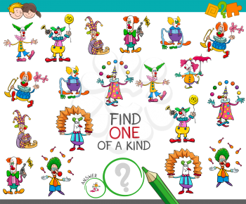 Cartoon Illustration of Find One of a Kind Picture Educational Activity Game for Children with Clown Characters