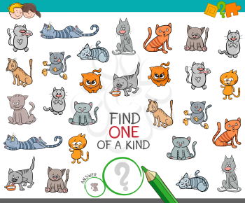 Cartoon Illustration of Find One of a Kind Picture Educational Activity Game for Kids with Cats or Kittens Animal Characters