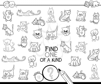 Black and White Cartoon Illustration of Find One of a Kind Picture Educational Activity Game for Kids with Cats or Kittens Animal Characters Coloring Book
